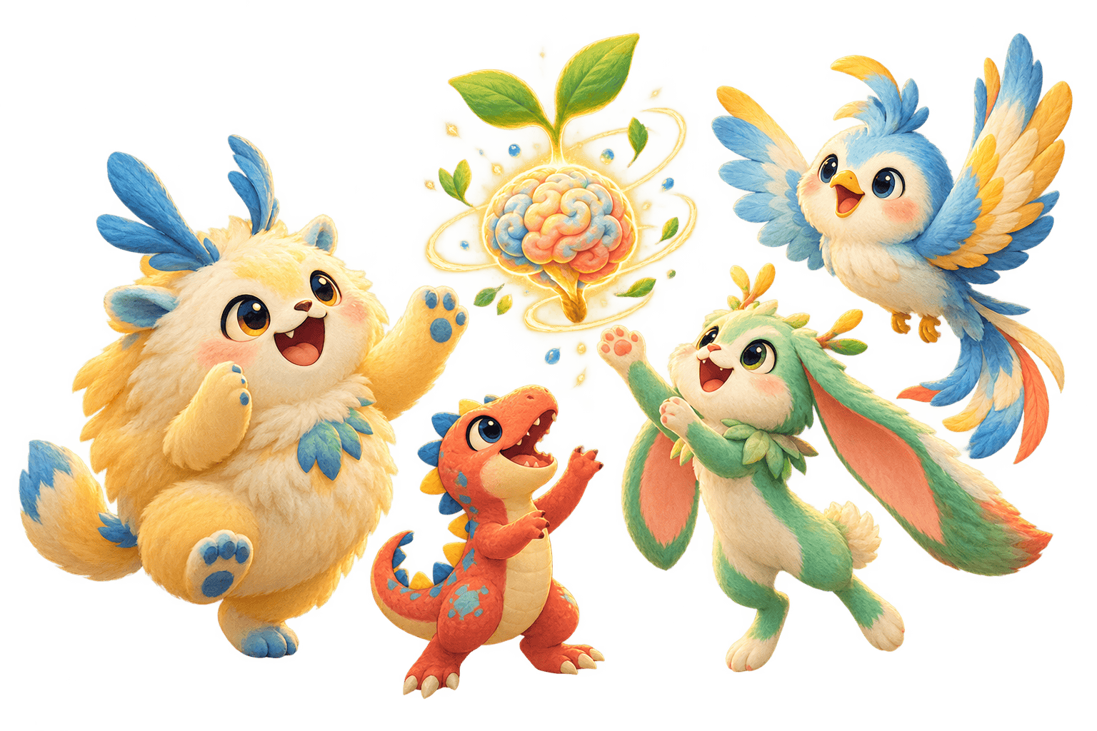 Four different original cartoon pets gathered around a shared glowing brain
