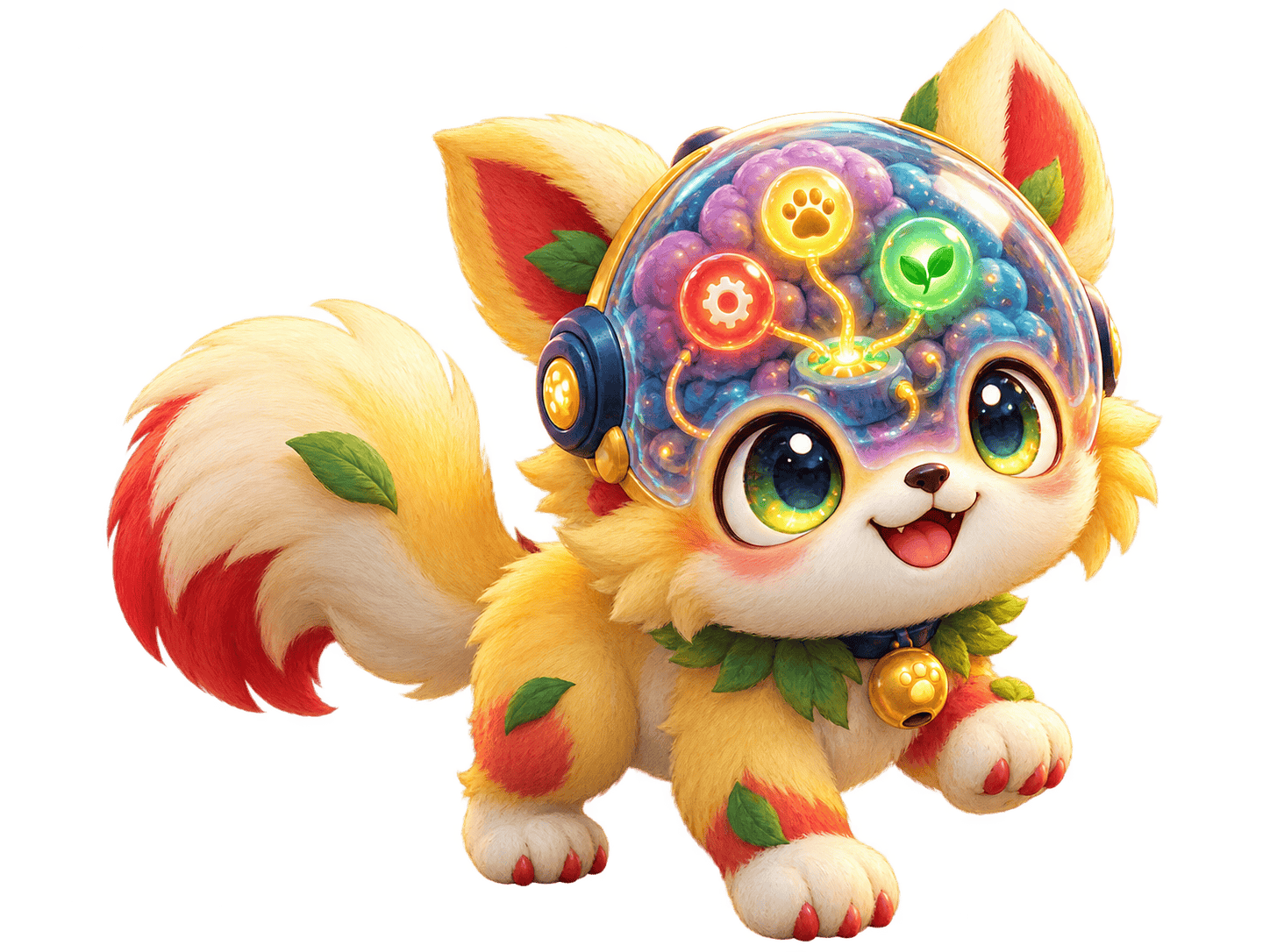 A cheerful cartoon virtual pet with a colorful, visible pet brain